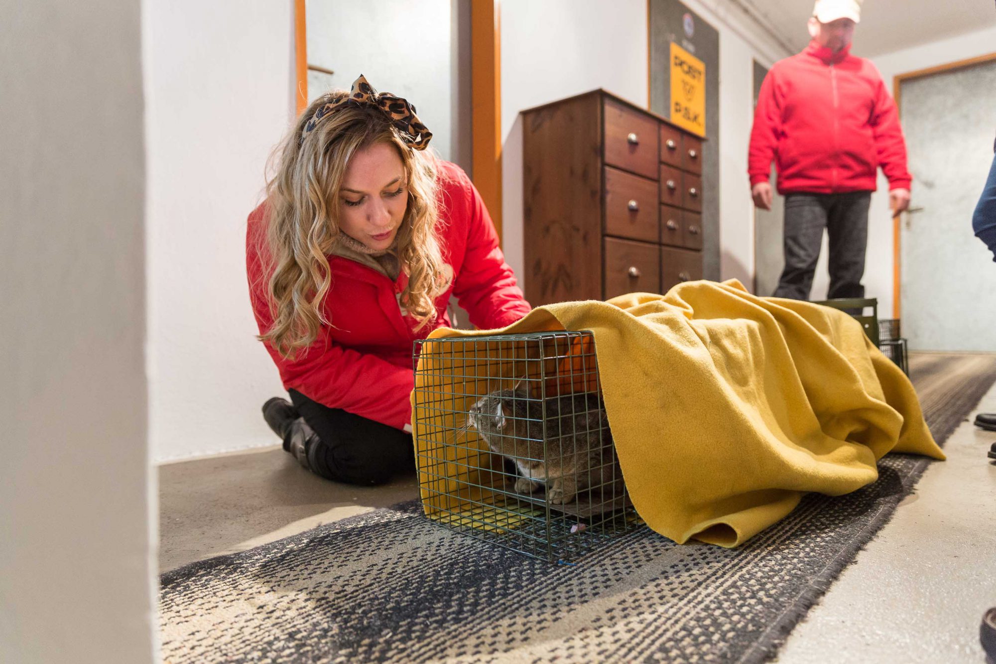 Niki Osl mit einer Falle für Streunerkatzen mit gefangener Katze