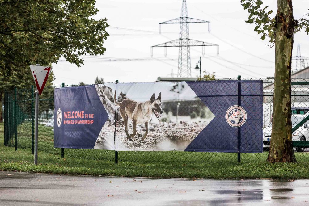 Rettungshund auf einem Plakat bei der Rettungshunde Weltmeisterschaft